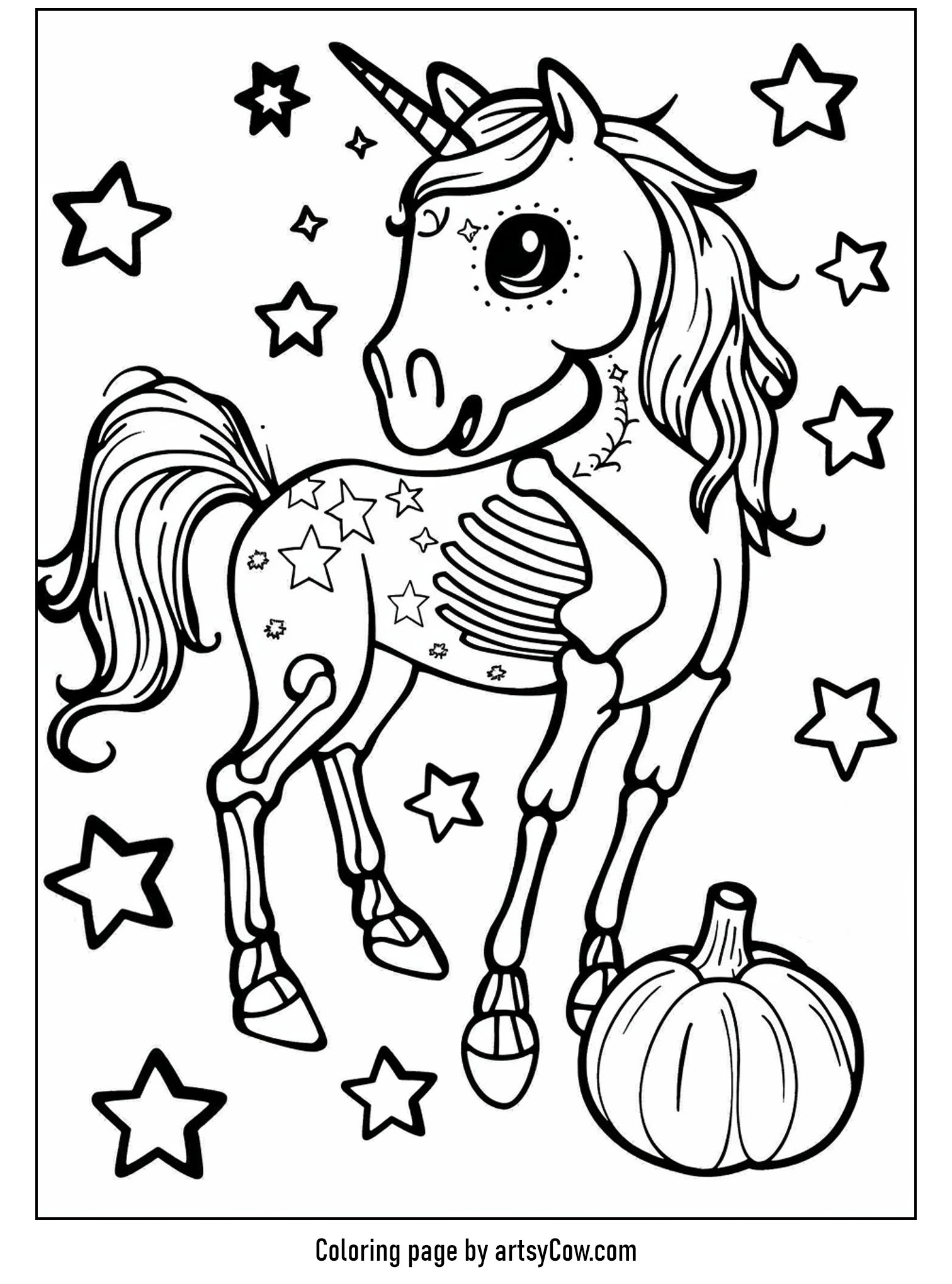 Halloween coloring pages with unicorn: A unique unicorn skeleton adorned with stars, perfect for coloring this Halloween.